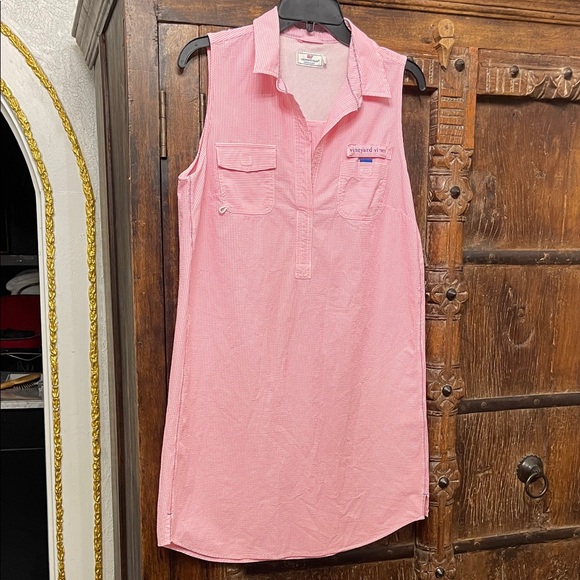 VINEYARD VINES Harbor Shirt Dress Womens Sz 8 Malibu Pink Striped Seersucker - Picture 1 of 10